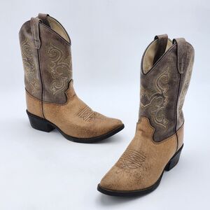 Old West Kids Western Leather Cowboy Boots Brown Tan Pull On Big Kid's Size 3